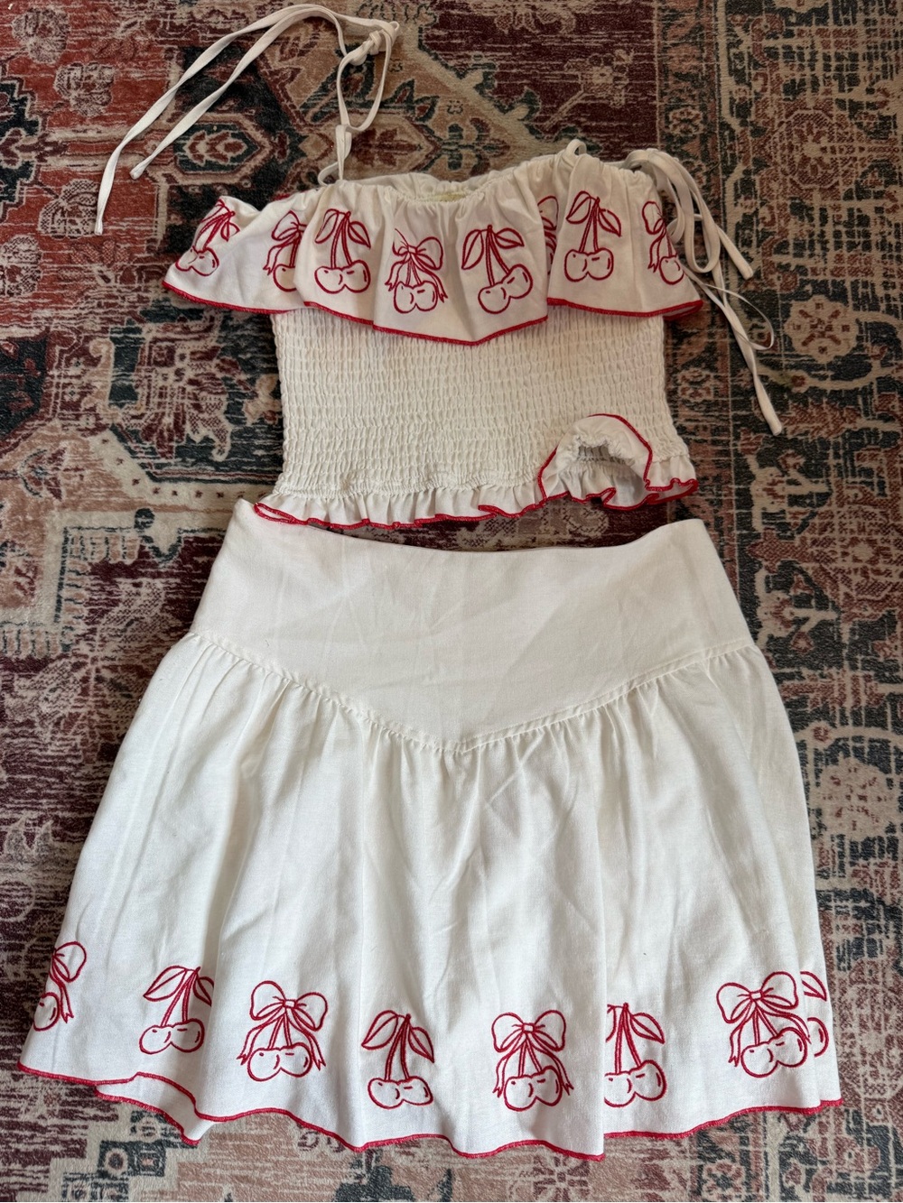 White Two-Piece Skirt Set with Red Cherry Embroidery